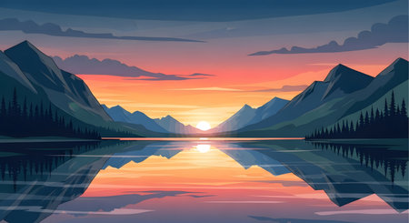 A breathtaking digital illustration of a calm lake nestled between majestic mountains, mirroring a fiery sunset with stunning reflections.の素材