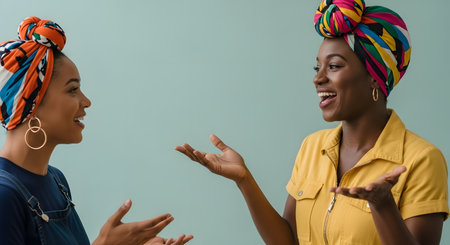 Two Black women with vibrant headwraps are animatedly talking and gesturing, sharing a moment of connection and communication.の素材