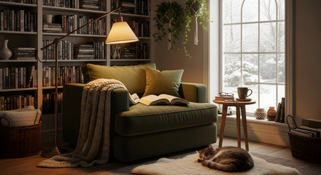 A comfortable armchair with books and a blanket sits beside a window, with a cat napping nearby. A bookshelf fills the background.の素材