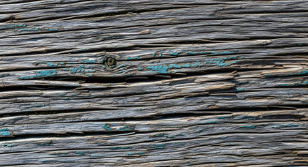 Detailed texture of aged, rough wood showing deep grain lines and subtle hints of faded teal paint.の素材