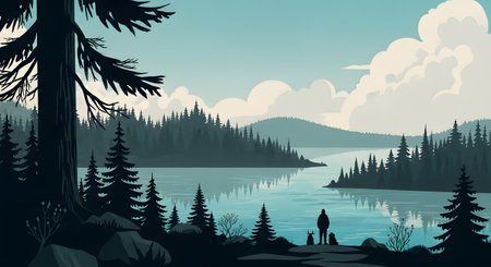 A tranquil scene of a calm lake surrounded by dense evergreen forests and rolling hills under a cloudy sky with two small figures.の素材