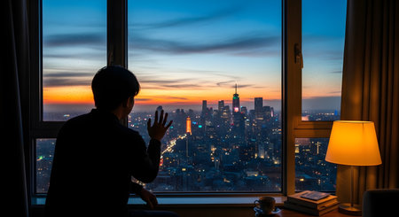 A person in silhouette gazes out a large window at a colorful sunset over a sprawling city skyline, with a lamp on a table nearby.の素材