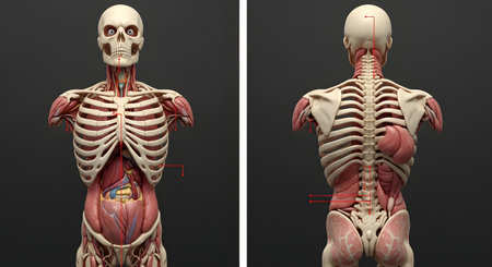 A detailed anatomical illustration showcasing the human skeleton and musculature from both anterior and posterior perspectives against a dark background.の素材
