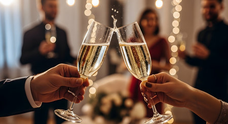 Two glasses of champagne are clinked together in a toast, with blurred figures of people celebrating in the background.の素材