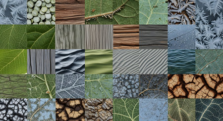 A grid of diverse natural textures including wood grain, bark, water ripples, grass, and stone surfaces.の素材