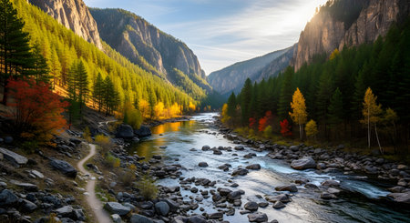 A fast-flowing river winds through a steep, rocky gorge, flanked by trees displaying vibrant autumn foliage under a bright, sunlit sky.の素材