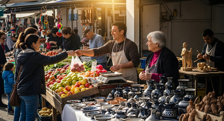 People browse and purchase goods at a vibrant outdoor market, with stalls overflowing with colorful fruits and handcrafted items.の素材