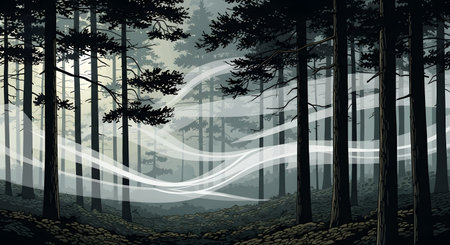 Silhouetted pine trees stand tall in a dimly lit forest, with wisps of glowing white mist creating a mystical, swirling pattern.の素材