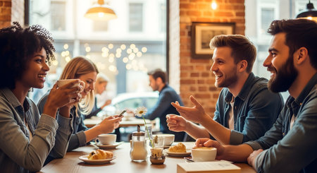 A diverse group of friends are gathered around a table in a warm cafe, sharing drinks and engaging in lively conversation.の素材