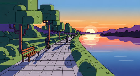 A serene pixel art scene depicts a sun setting over a river, casting warm light on a tree-lined pathway where people are cycling.の素材