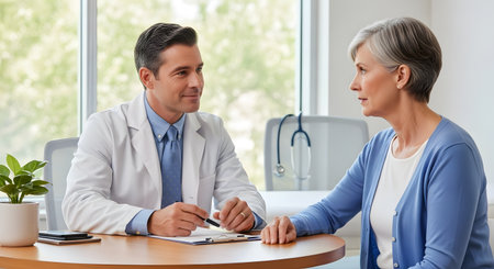 A male doctor in a white coat consults with a female patient, both seated at a desk in a bright, modern medical office.の素材