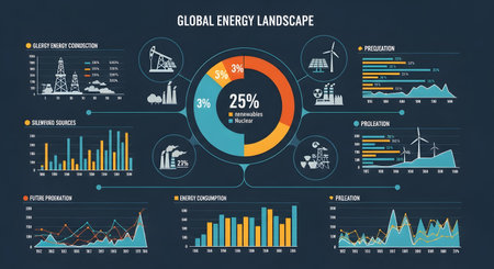 A dark infographic displaying various charts, graphs, and icons related to energy production, consumption, and industry data.の素材