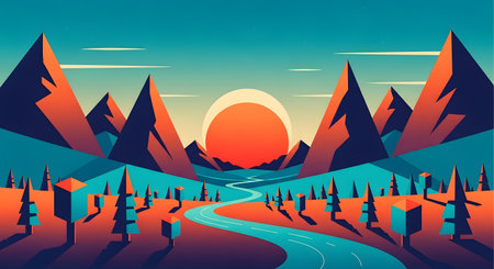 A stylized, geometric mountain range with a bright orange sun setting behind it, casting vibrant colors over a winding river and sparse trees.の素材