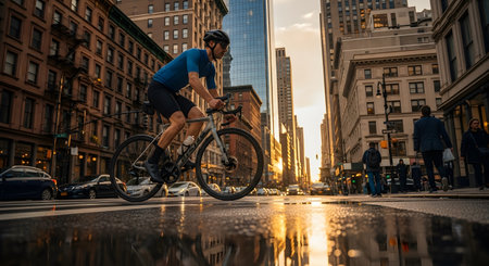 A lone cyclist pedals down a glistening street reflecting the warm glow of sunset between towering city buildings.の素材