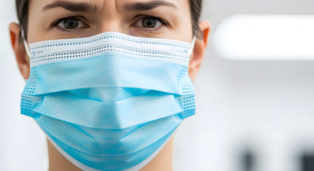 A detailed close-up shot of a person's face, with their eyes and nose covered by a light blue disposable medical mask.の素材