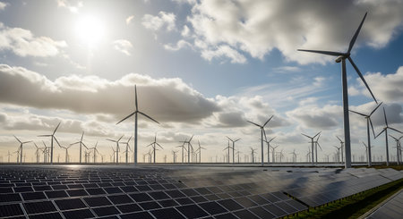 A landscape view of numerous wind turbines and solar panels with a dramatic cloudy sky and bright sun.の素材
