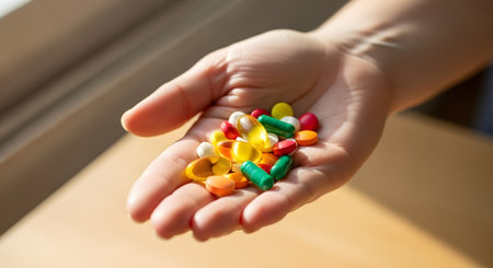 A person's open palm holds a variety of colorful pills and capsules, suggesting vitamins or supplements.の素材