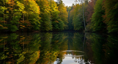 A serene lake perfectly mirrors a vibrant autumn forest with trees displaying a spectrum of fall colors.の素材