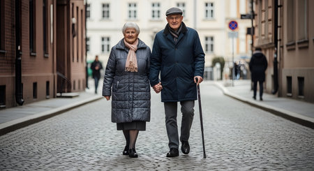 A senior couple walks together on a European cobblestone street, holding hands, with buildings lining the sides.の素材