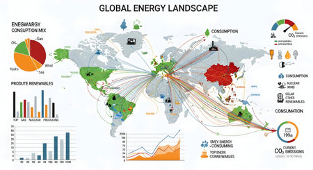 A world map infographic visually representing global energy production, consumption, and various energy sources across different regions.の素材