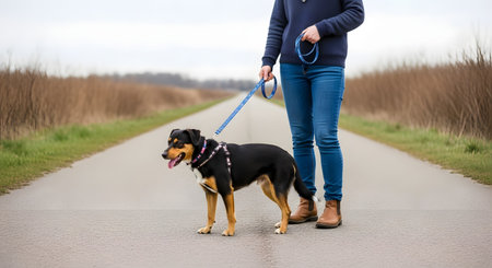 A person in jeans and boots walks a dog on a leash down a paved path lined with trees.の素材