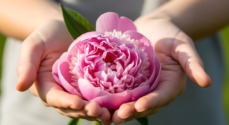 Close-up of a large, lush pink peony flower being held carefully in two open, cupped hands. A green leaf is visible.の素材