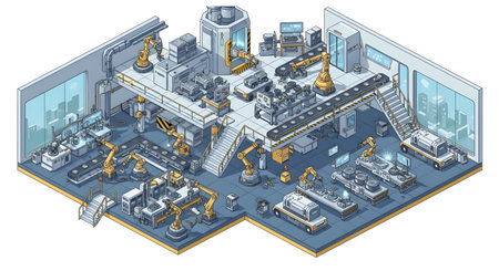 A detailed isometric view of a high-tech factory interior, showcasing automated assembly lines, robotic arms, and advanced machinery in operation.の素材