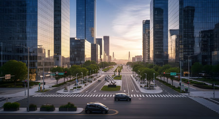 A wide, straight road stretches between towering modern skyscrapers, bathed in the warm glow of a sunset, with cars driving on the street.の素材