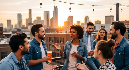 A diverse group of friends laughing and talking on a rooftop at sunset with a city skyline in the background.の素材