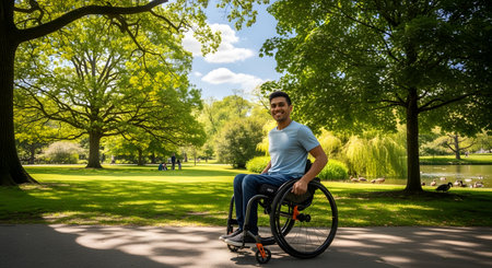 A smiling man in a wheelchair is outdoors in a park, surrounded by trees and sunlight. He appears happy and at ease.の素材