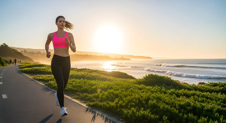 A fit woman in athletic wear runs along a paved path beside a lush green coastline with the ocean and sunrise in the background.の素材