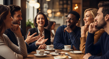 A group of five friends, diverse in ethnicity and gender, laugh and converse around a table with coffee cups and pastries.の素材