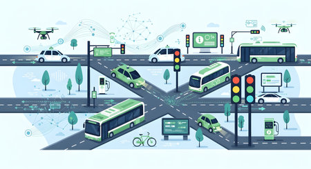An illustration of a futuristic city intersection featuring autonomous cars, buses, drones, and smart traffic management systems.の素材