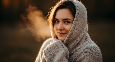 A young woman with dark hair smiles warmly, wrapped in a thick, textured hooded sweater, with soft sunlight illuminating her face.の素材