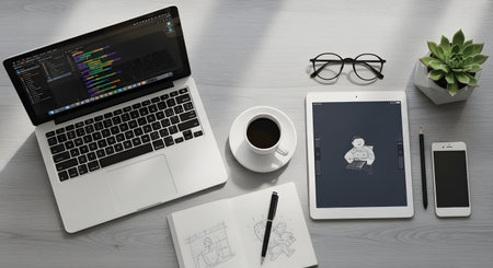 A clean and organized desk setup featuring a laptop, tablet, smartphone, coffee, notebook, glasses, and a small potted plant.の素材