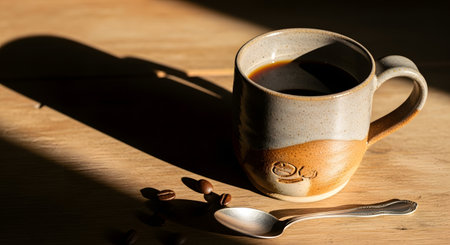 A tall ceramic mug filled with dark coffee sits on a wooden surface, casting a long shadow. A spoon and coffee beans rest nearby.の素材