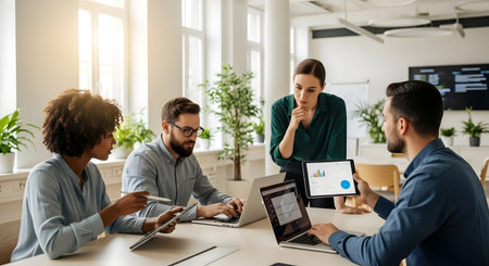 A diverse group of professionals are engaged in a meeting, discussing ideas and working together at a table with laptops and tablets.の素材