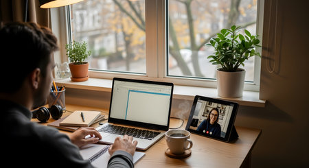 A person works from home at a desk by a window, with a laptop and a tablet showing a video conference.の素材