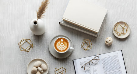 A flat lay composition featuring a latte, book, and artistic elements, evoking a sense of calm and creativity.の素材