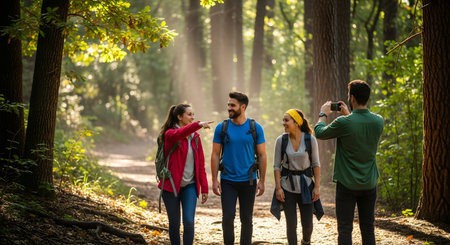 A group of four friends enjoys a walk on a forest path, bathed in dappled sunlight filtering through the trees.の素材