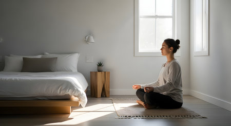 A woman sits in a cross-legged meditation pose on a mat in a bright, minimalist bedroom, bathed in natural light.の素材