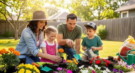A happy family, parents and two children, are actively planting colorful flowers in their garden on a bright, sunny day.の素材
