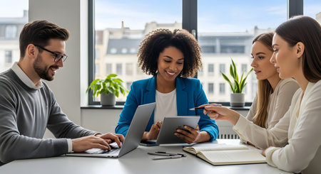 A diverse group of professionals are engaged in a meeting, discussing ideas and working on a project at a table.の素材