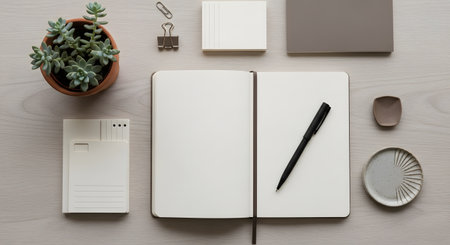 A top down view of an open notebook with a pen, a potted plant, and other stationery items arranged on a light colored surface.の素材
