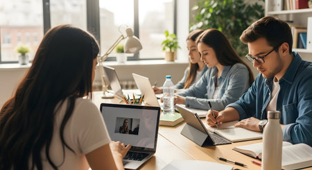 Young adults collaborate on a project at a wooden table, surrounded by books and laptops, bathed in natural light.の素材