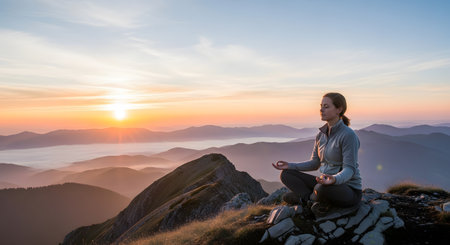 A woman in athletic wear meditates in a lotus pose on a rocky mountain summit as the sun rises over a misty valley.の素材