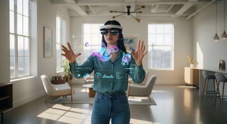 A woman wearing a VR headset uses her hands to manipulate a glowing holographic display in a bright, contemporary living space.の素材