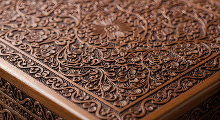 Close-up of detailed, ornate, hand-carved patterns on a dark wooden surface, showcasing traditional craftsmanship.の素材