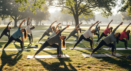 Group of people practicing yoga in the park on a sunny day.の素材