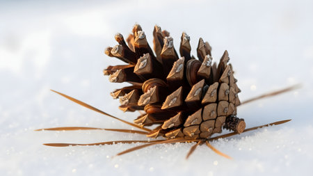 A pine cone is placed on a snowy surface, surrounded by a few pine needles. The pine cone is brown and has a distinctive shape, with scales that are slightly open. The snow around it is pristine and untouched, with a few scattered pine needles visible.の素材
